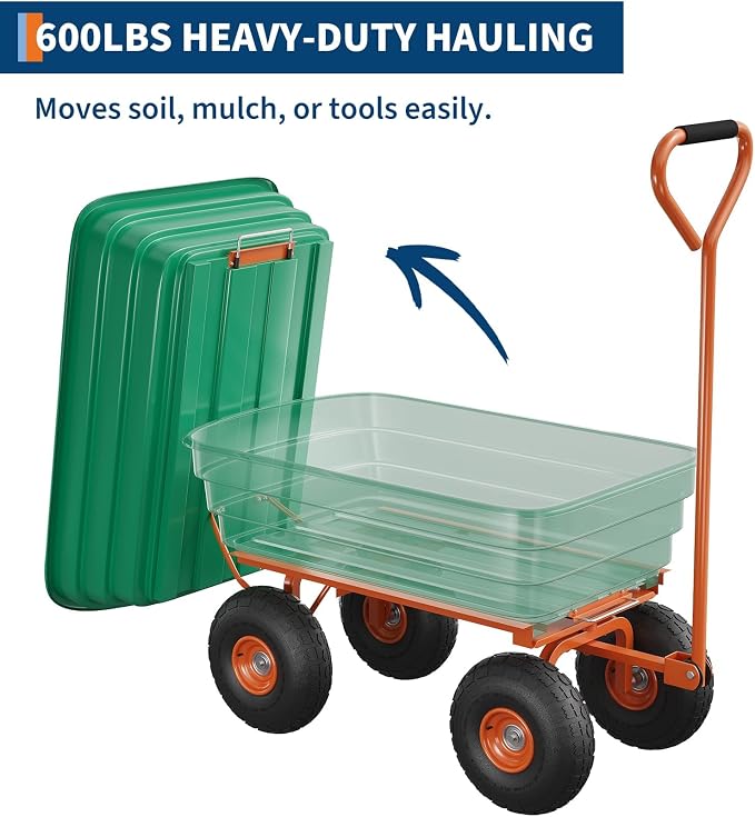 600 LB Garden Dump Cart with Quick Release System, Poly Garden Wagon with 180° Rotating Handle & All Terrain Tires, Yard Cart Utility Wagon for Landscaping, Gardening, Green & Orange
