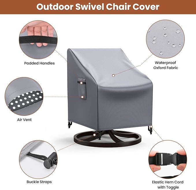 Mrrihand Outdoor Swivel Lounge Chair Cover Waterproof, 2 Pack Heavy Duty Patio Rocking Chair Covers for Outdoor Furniture, 33" W×37" D×38.5" H, Grey