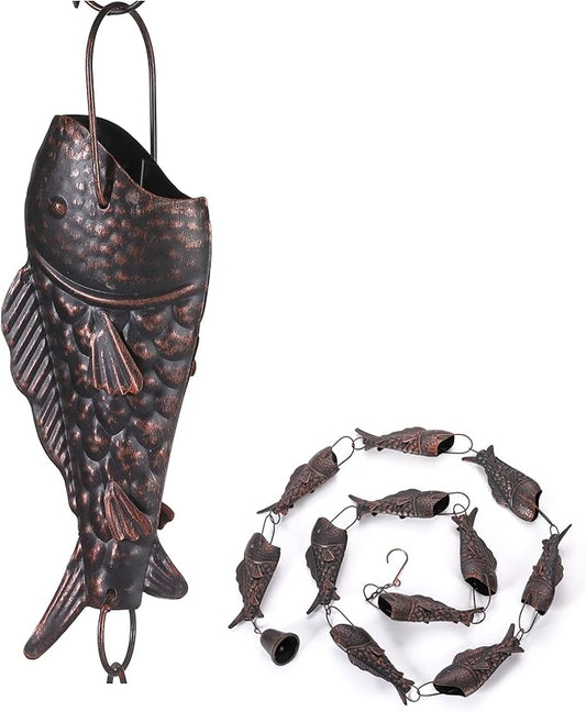 Antique Bronze Rain Chain with Rainbow Trout for Heavy Rain, Functional and Decorative Replacement Downspout Chain for Outside, Rain Catcher Chain for Gutters, 8.5FT