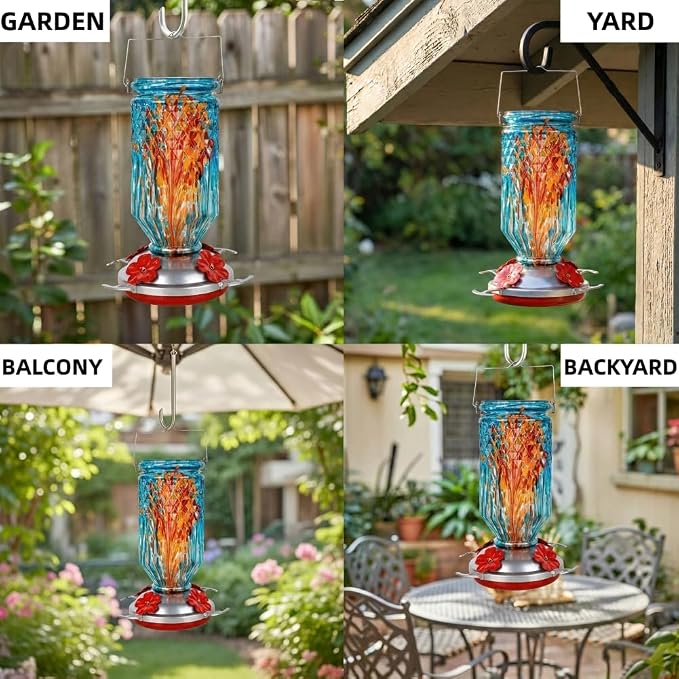 Hand Blown Glass Hummingbird Feeder for Outdoors Hanging Round Chaning Color 32 OZ Large Humming Birds Feeders with Accessories Gift for Women Mom (Blue)