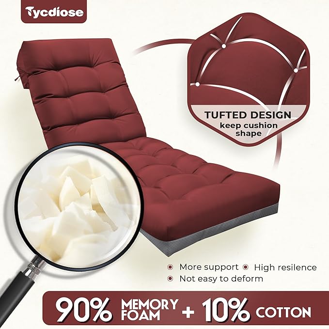 Outdoor Lounge Chair Cushion, Waterproof Replacement Chaise Lounge Cushions for Outdoor Furniture Thickened 71 x 22 x 4.7 Inches Non-Slip Patio Pool Lounge Chair Cushions with Ties (Red)