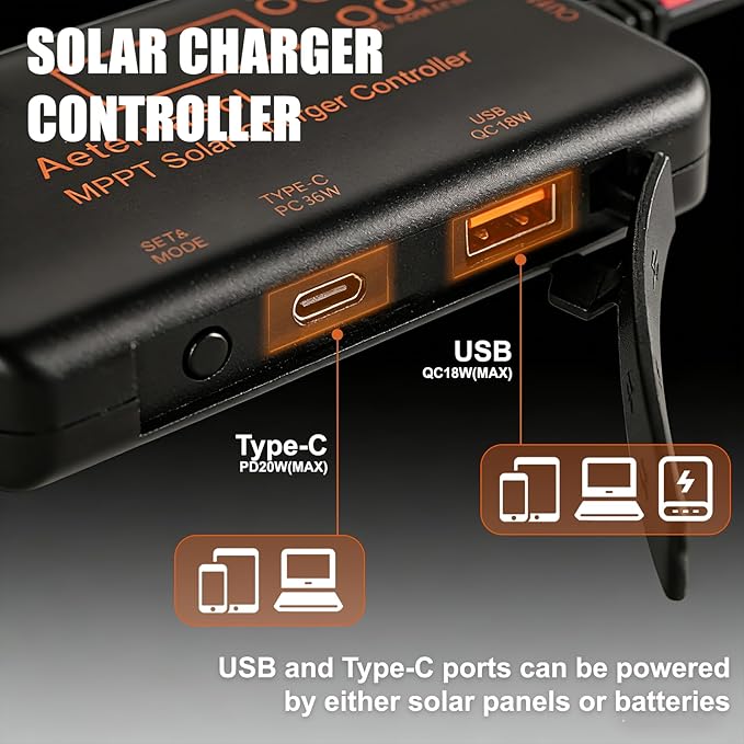 Solar Charge Controller 12V 10A, Solar Panel Charge Controller with Type-C and USB Output for Solar Panel and Gel, AGM, LiFePO₄ Battery (10A MPPT)