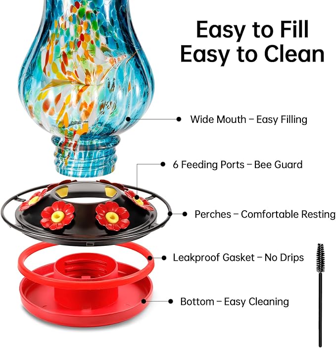 DesGully Solar Hummingbird Feeder for Outdoor - 25 fl.oz Hand Blown Glass Hummingbird Feeders for Outdoors Hanging, Large Capacity with Moat, 6 Colors Changing Light Outside Garden Decor (Blue)