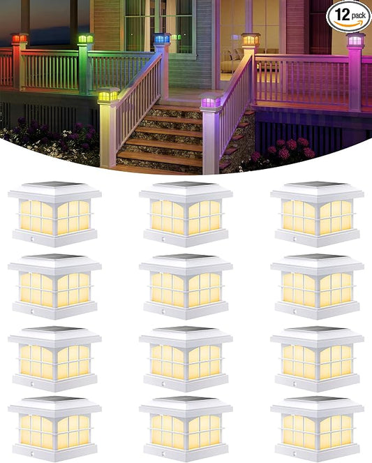 PARTPHONER RGBCW Solar Post Cap Lights 12-Pack, 9 Colors 3 Modes Fence Cap Lights, Bright Solar Outdoor Waterproof LED Deck Lighting for Fence Garden Deck Patio Porch Decor 4x4 Vinyl/Wood, White
