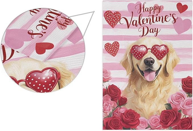 Happy Valentine’s Day Pink House Flag 28x40 Inch Double Sided Outside Love Dogs Golden Retriever Flowers Yard Outdoor Flag Banner for Garden Lawn Patio Holiday Decorations