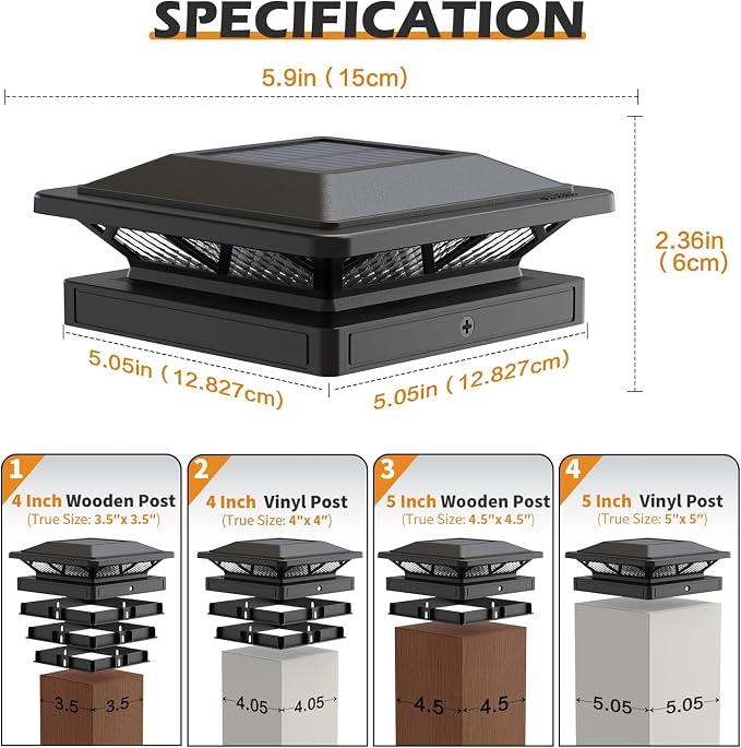 SIEDiNLAR Solar Post Cap Light 2 Modes 6 Pack, 3.5x3.5 4x4 4.5x4.5 5x5 Wooden/Vinyl Posts, Waterproof Outdoor Lighting for Fence Deck Patio Garden Decor, White/Warm (Black)