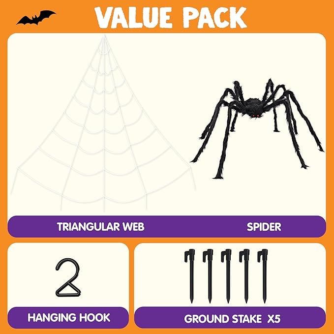 JOYIN Halloween Spider Web and 59'' Giant Spider, 16.4 x 15.7 Ft Large Triangular Web for Outdoor Decoration, Giant Spiderweb for Patio, Garden, Yard, Haunted House Decor, Indoor Home Party Supplies