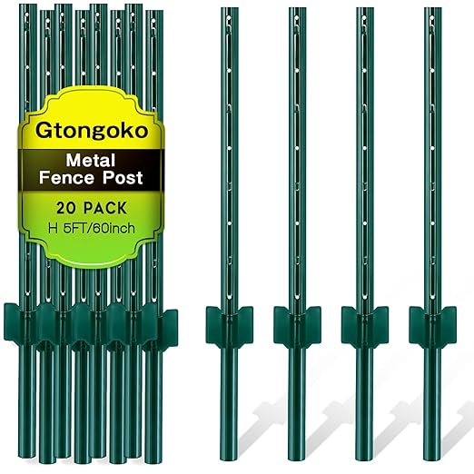 Gtongoko 20 Pack 5FT Heavy Duty Metal Fence Posts,Green U Channel No Dig Fence Stakes with Anchor Plate, 14 Gauge Steel Posts for Wire Fencing, Garden Protection, Animal Barrier, Yard & Farm Boundary