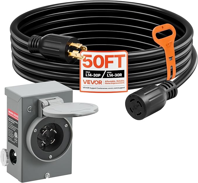VEVOR 30 Amp Generator Cord and Power Inlet Box, 50 FT, 125/250V NEMA L14-30P to L14-30R Heavy Duty Extension Power Cord, SJTW 10 Gauge 7500W, Pre-Drilled Inlet Box, for Generator to House, ETL Listed
