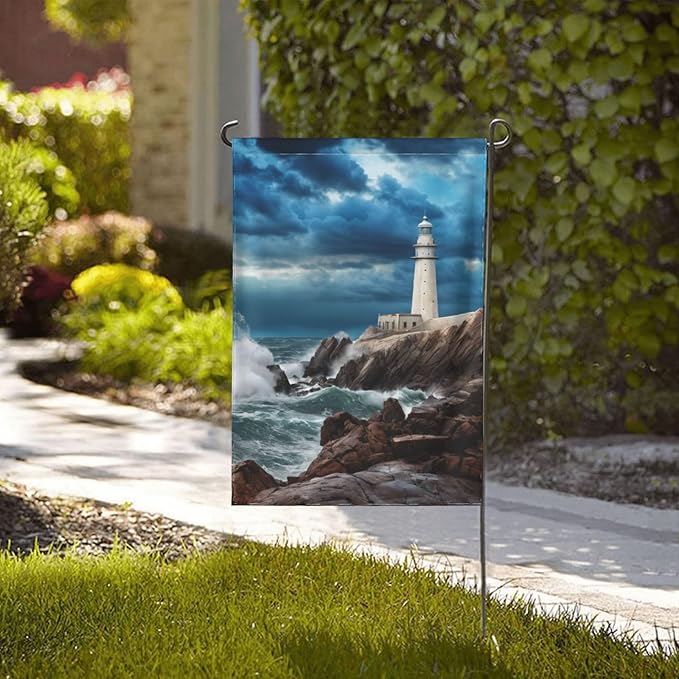 Delerain Lighthouse Wave Garden Flag, 12.5 x 18 Inch Double Sided Design Weather Resistant Indoor & Outdoor Decoration Small Banner For Home Yard Lawn Patio Office