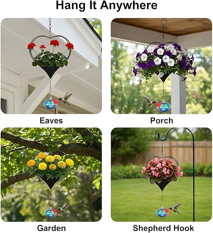 Headak Life Hummingbird Feeder for Outdoors Hanging,Heart Shaped Iron Hanging Planter with Hand Blown Glass Hummingbird Feeder,Leak Proof,Outdoor Garden Decor Gifts for Mom Women Bird Lovers
