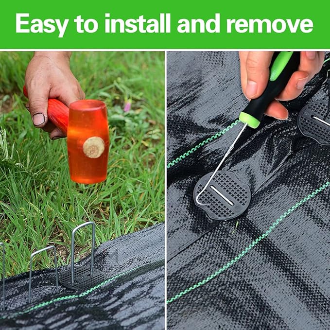100Pcs Garden Stakes Staples + 100Pcs Gasket, Bakulyor 6 Inch Lawn Landscape Staples 11 Gauge U Shaped Galvanized Landscape Pins, Heavy Duty Yard Ground Pin for Weed Barrier Sod Fabric Decorations