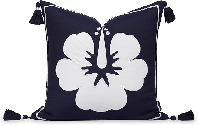 Hofdeco Premium Coastal Patio Outdoor Performance Pillow Cover Only, 18"x18" Water Repellent, UV and Fade Resistant for Backyard, Couch, Dark Navy Blue Embroidered Hibiscus Floral with Tassels