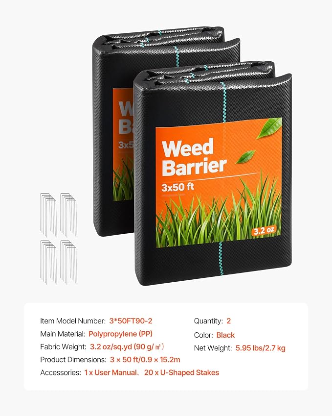 VEVOR 3x100FT 3.2oz Weed Barrier Fabric Heavy Duty, Landscape Fabric, Weed Blocker Fabric, Garden Weed Mat Lawn Fabric, Weed Control Fabric, Driveway Fabric, Ground Cover, Woven Landscape Cloth, Black