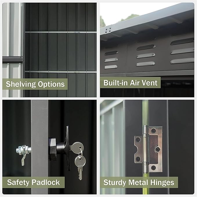 Christopher Knight Home Avonn Backyard Storage Shed with Sloping Roof Galvanized Steel Frame Outdoor Garden Shed Metal Utility Tool Storage Room with Latches and Lockable Door for Balcony, Dark Gray