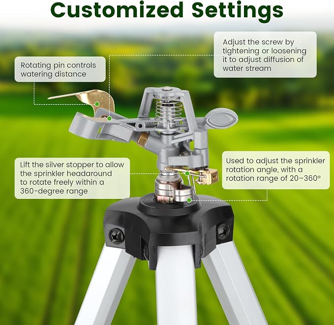 50" Brass Impact Sprinkler on Tripod Base 2pcs,Heavy Duty Metal Pulsating Telescoping Tripod Sprinkler,360 Degree for Large Area,Yard,Lwan&Garden Waters up to 90 Ft. Diameter Covering up to 6360sqft
