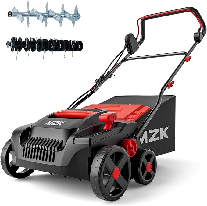 MZK 15-inch 2-in-1 Electric Dethatcher and Scarifier w/Removeable 5-Position Height Adjustment,Lawn dethatcher w/12-Gallon Thatch Collection Bag,Keep Lawn Health