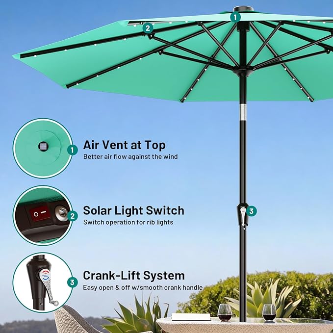 AreShark 9FT Patio Umbrella with Solar Lights, 32 Lighted Pool Umbrella w/Tilt and Crank, Outdoor Market Solar Umbrellas for Garden, Deck, Backyard, Pool and Beach, Cerulean