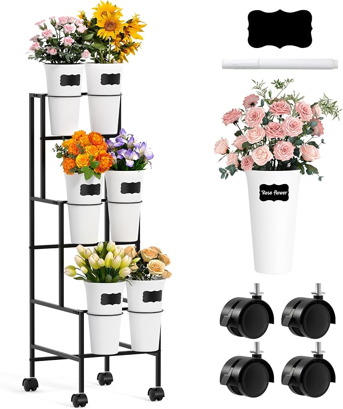 Flower Display Stand with 6 Buckets, Flower Cart with Wheels, 3 Layers Metal Flower Bar Stand Moving Flower Stand Florist Bouquet Shelf for Weddings Party Ceremony Indoor Outdoor Garden (Black)