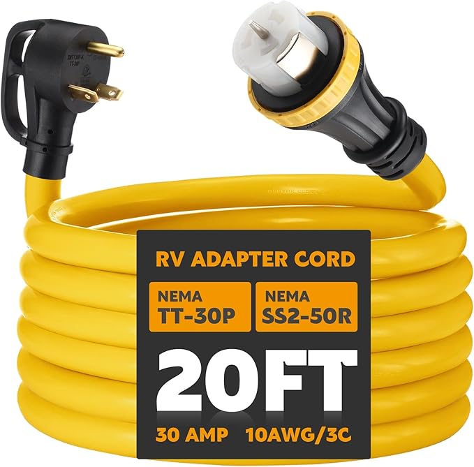 Tellegloww 20ft 30 Amp to 50 Amp RV Locking Adapter Cord Compatible with NEMA TT-30P Male to SS2-50R, Locking Female Power Dog Bone Plug for RV Trailer Camper, STW 10 AWG/3C
