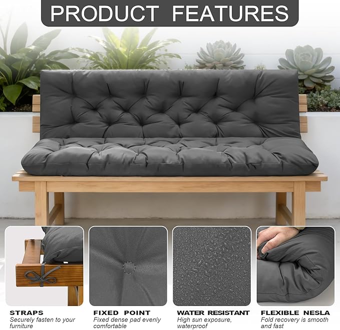 Porch Swing Cushions, Outdoor Swing Replacement Cushions 3 Seater with Backrest, Waterproof Bench Cushion with Ties,for Patio,Porch, Garden,Backyard