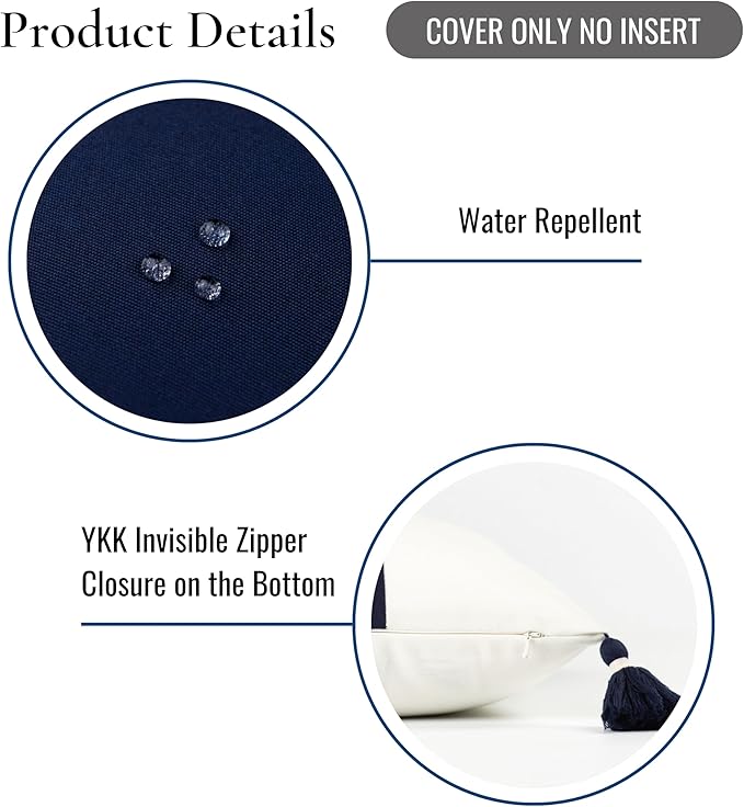 Hofdeco Premium Coastal Patio Outdoor Performance Lumbar Pillow Cover Only, 12"x20" Water Repellent, UV and Fade Resistant for Backyard, Couch, Dark Navy Blue Color Block with Tassels