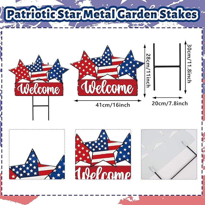 JarThenaAMCS Patriotic Metal Garden Stakes Vintage 4th of July Star Decorative Lawn Sign Welcome Yard Sign for 250th Anniversary Independence Day Home Outside Lawn Porch Decor