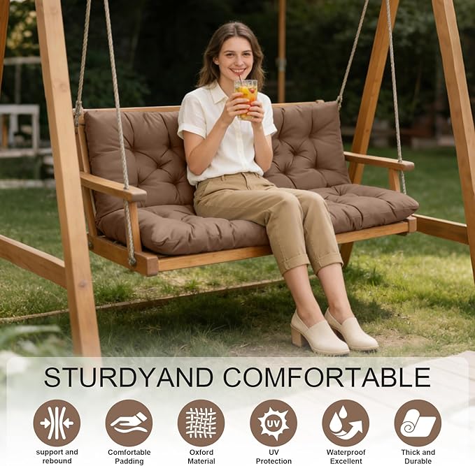 Porch Swing Cushions, Outdoor 3 Seats Swing Cushion Replacement Pad with Backrest, Waterproof Bench Cushion with Ties, for Porch,Garden,Backyard Furniture Patio Lounger (Coffee 60 * 40 in)