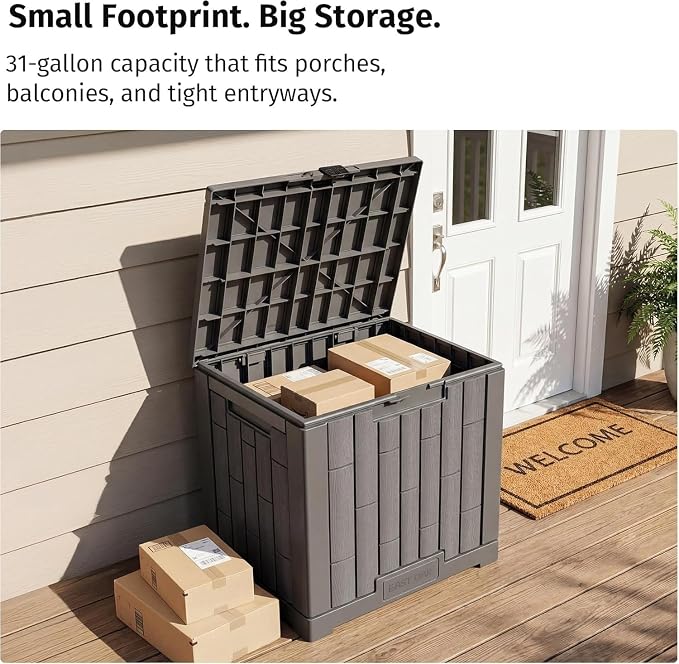 EAST OAK 2-Piece Outdoor Storage Box Set, 31 Gallon & 60 Gallon Waterproof UV-Resistant Resin Deck Boxes, Lockable Storage for Patio Cushions, Garden Tools, Pool Accessories, Grey