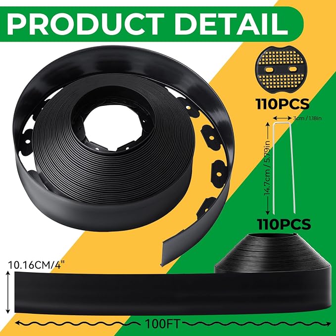 4 Inch Tall No Dig Landscape Edging, 100 FT Heavy Duty Plastic Garden Border Kit with 110 Metal Stakes, Durable All-Weather Flexible Barrier for Lawns, Flower Beds, Paver, Pathwa & Patio