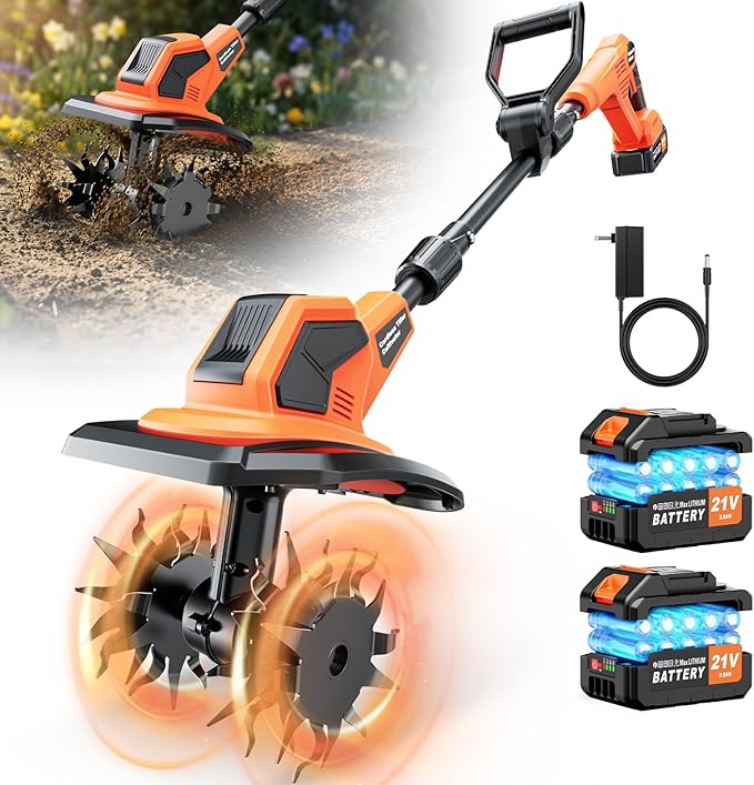 21V Cordless Tiller Cultivator, 6000mAh Battery Powered Tiller, 400RPM Electric Tiller for Gardening, 9.5" Width, 7" Depth for Soil Preparation, Lightweight Garden Rototiller for Lawn/Soil Cultivation