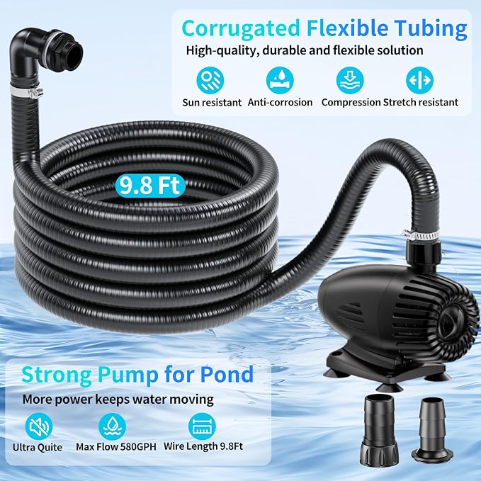 POPOSOAP 70W Pond Waterfall Spillway with Pond Pump, 304 Stainless Steel Waterfall Kit with 9.8FT Corrugated Tube Pond Waterfall Box, Pond Spillway for Outdoor Pond Waterfall Water Features-P5703H