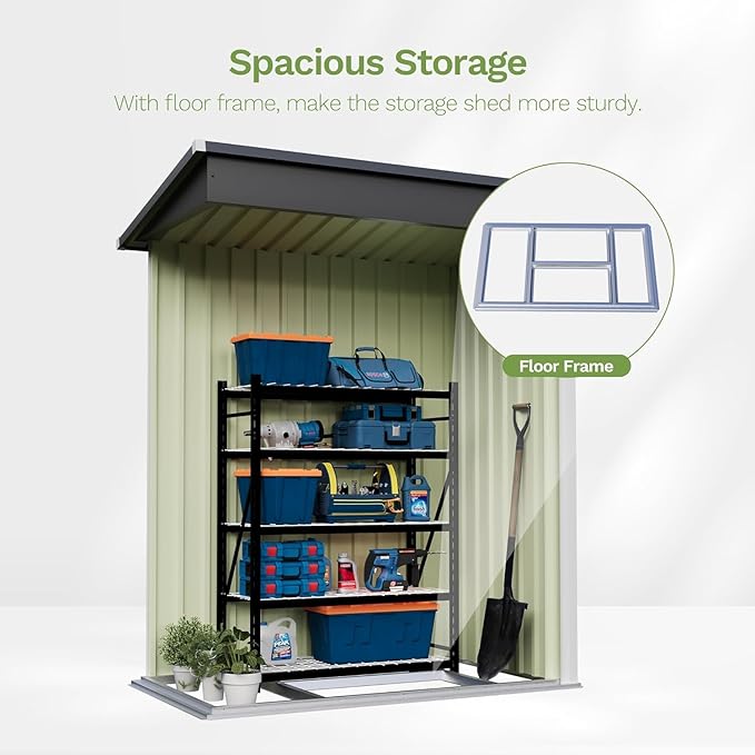 Patiowell 5x3 FT Storage Shed with Floor Frame, Small Metal Garden Sheds with Sloping Roof and Lockable Door, Waterproof Steel Patio Tool Shed for Backyard Garden Lawn, White