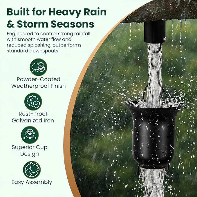 Black Rain Chain 9 FT, 11 FT Installed with Anchor Stake and Gutter Adapter, Durable Heavy Duty Rain Chains for Gutters for Heavy Rain, Rust Resistant, Outdoor Decor for Homeowners