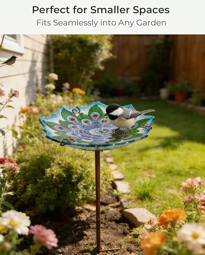 Glass Bird Bath with Stake 10.5" – Shallow Bird Bath for Outside Garden Backyard – Decorative Birdbath & Feeder for Patio Lawn – Hand-Painted Glass Water Dish, Peacock