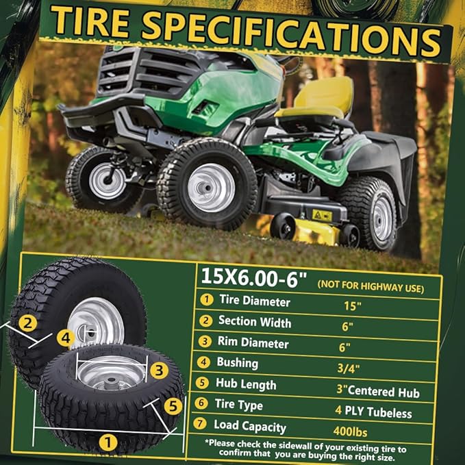 15x6.00-6 Tubeless Tire and Wheel Assembly(2 Pack) ，Replacement Riding Lawn Mower Front Tires,Compatible withRiding Mowers and Lawn Tractor, 3" Centered Hub and 3/4" Bushings（Gray)