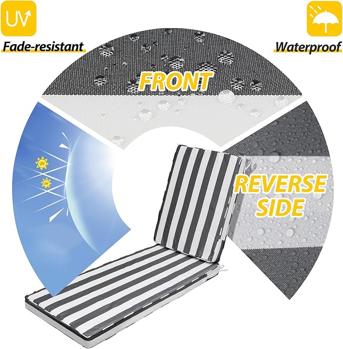 AAAAAcessories Outdoor Chaise Lounge Cushions, Fade-Resistant, Waterproof Patio Furniture Replacement Cushions, 74" x 23" x 3", Gray Cabana Stripe