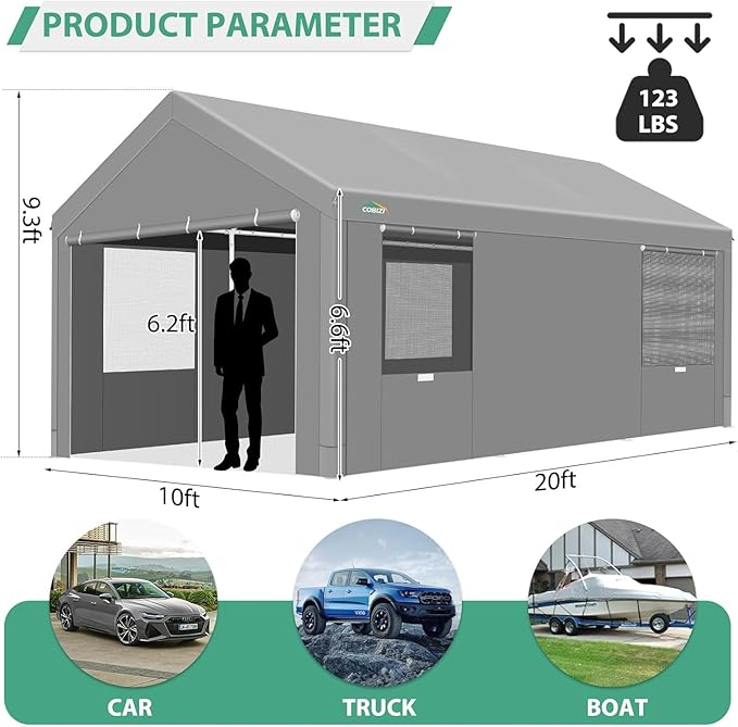 COBIZI 10x20ft Carport Heavy Duty, Portable Garage with Removable Sidewalls, Ventilated Windows & Built-in Sandbags, Waterproof Car Canopy for Truck, Boat with All-Season Tarp, Gray