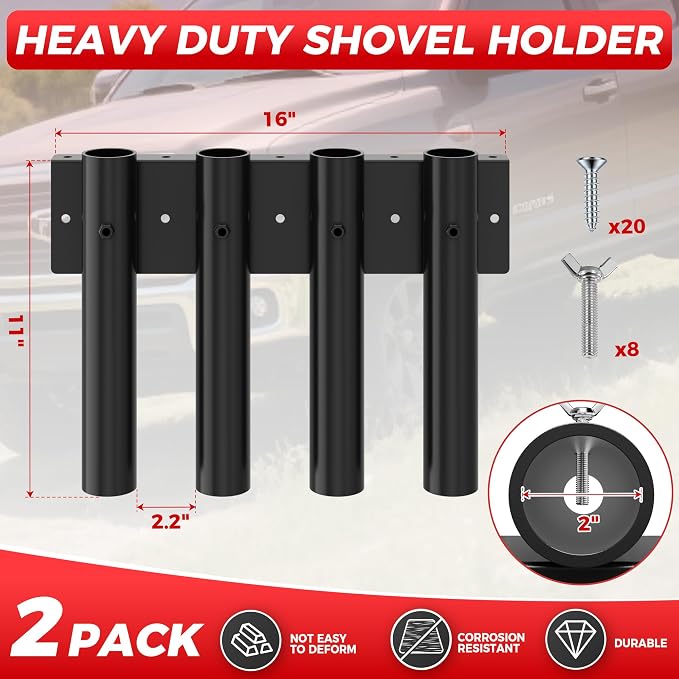Shovel Holder for Truck, 8-Holes in 2 Grouped Metal Truck Shovel Mount /Rack, Heavy Duty Trailer Tool Rack for Rakes, Hoes, Trimmers, Lawn & Landscape Hand Tools (Bed/Box Mount Upgrade)
