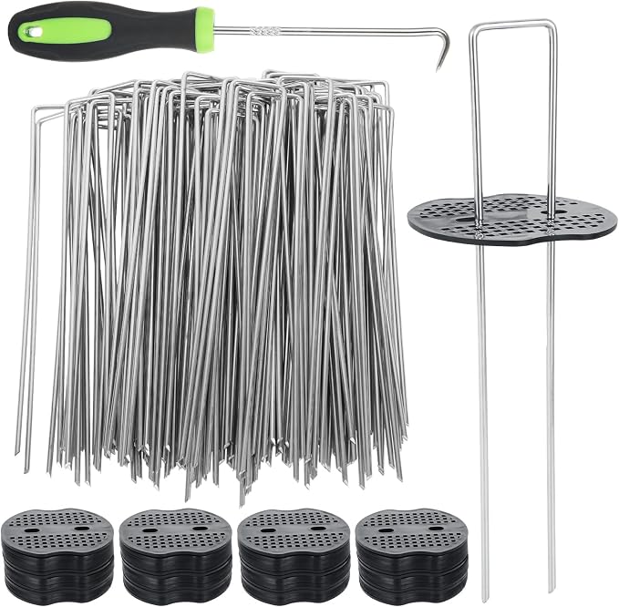 8 Inch Landscape Staples Set, 200Pcs U-Shaped Landscape Staples and 200Pcs Fixing Gasket with 1 Pcs Pick Hook for Weed Fabric & Landscaping 100 Pack