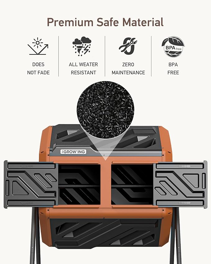 THEGROW'ING 43 Gallon Dual Chamber Compost Bin with Built-in Nuts, Outdoor Rotating Composter Tumbler for Garden Backyard, Orange