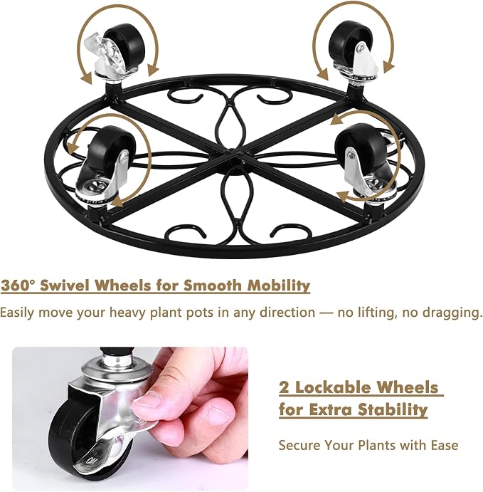 4 Pack Plant Caddy with Wheels 12 Inch Rolling Plant Stand for Large Plants Heavy Duty Plant Rollers Metal Plant Dolly Rustproof Planter Stand Wrought Iron Plant Stands Flower Cart Indoor Outdoor