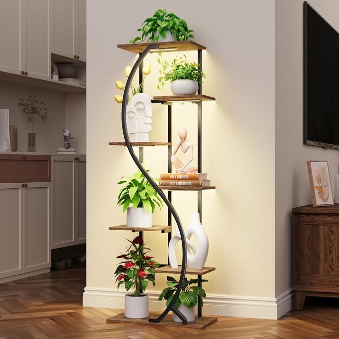 MJOMKN 59" Tall Plant Stand with Grow Light Indoor, 7 Tiered Metal Plant Shelf, S-Shaped Flower Display Stand, Corner Storage Shelf for Living Room, Patio, Balcony Decor