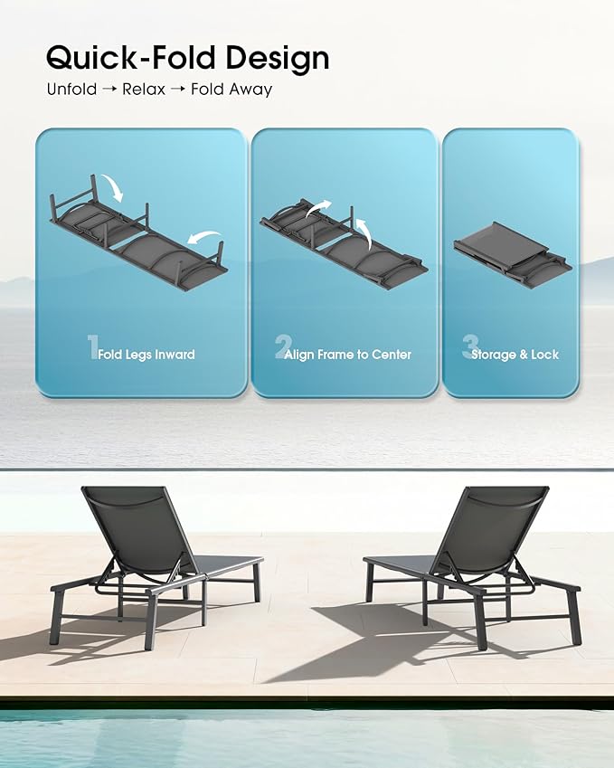 Ciokea Foldable Outdoor Lounge Chair Set of 2, No Assembly Aluminum Chaise Lounge Outdoor with 5 Adjustable Positions, Pool Lounge Chairs with Portable Design for Pool, Beach, Deck, Patio, Grey
