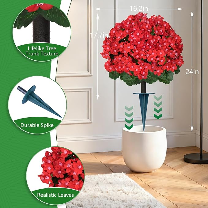 Grooy Artificial Plants Flowers Topiary Ball for Outdoor, 2 Pack Fake Silk Crabapple Flower Plant Bushes, UV Resistant Realistic Plants Shurbs for Outside,Front Porch,Patio,Yard(Red)