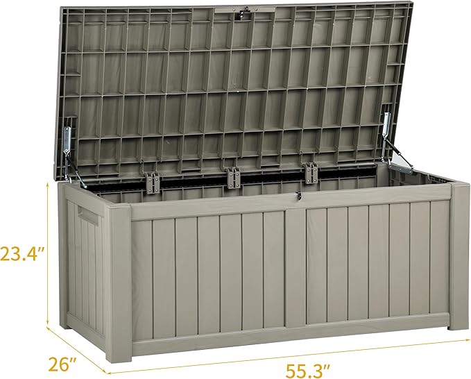 DWVO 120 Gallon Large Deck Box Outdoor Storage Box, Lockable Outside Storage Bin for Gardening Tools, Patio Cushions, Waterproof Resin (Light Brown)