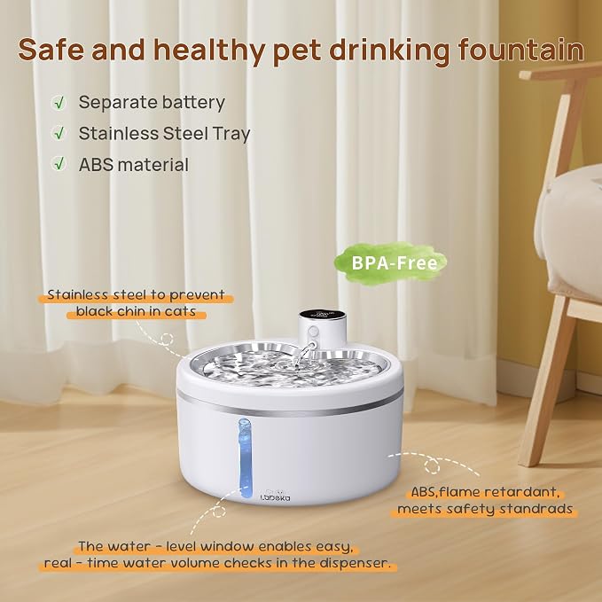 Wireless Cat Water Fountain [with Stainless Steel Tray], 84oz/2.5L Pet Fountain for Cats Inside, Cat Fountain for Drinking with Motion Sensor, Ultra Quiet for Small Animals-[BPA-Free]
