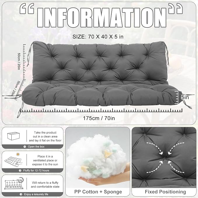 Porch Swing Cushions 3 Seater Replacement Thicken 5" Waterproof & Fade Resistant Swing Cushions for Outdoor Furniture Bench Patio Swing Cushion with Backrest & Ties(Dark Gray 70x40x5inch)