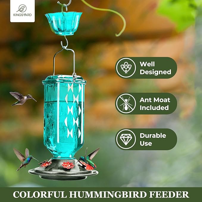 Kingsyard 2 Pack Glass Hummingbird Feeder for Outdoor Hanging, 24 Ounces, 6 Feeding Ports, Bird Nectar Feeder for Garden Décor, Ant Moat Included, Turquoise