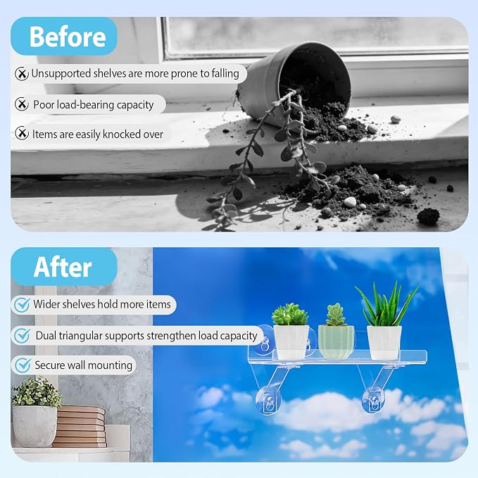 2 Pack 12 Inch Acrylic Window Boxes Plant Shelves, 6 Inch Extra-Wide Windowsill Extender – Features Suction Cups and Support Brackets for Succulents, Herbs, Seed Starting | Indoor/Outdoor Use